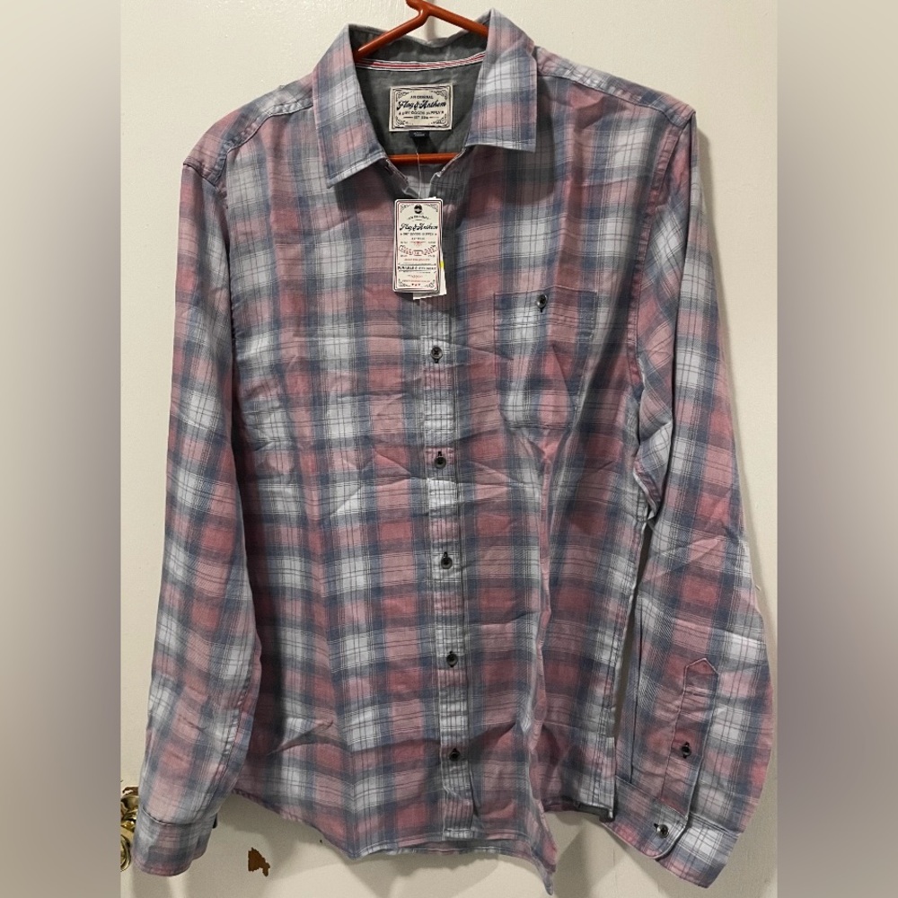 Flag & Anthem Plaid Men's Button Up Long Sleeve Shirt Pink Navy White Medium NWT